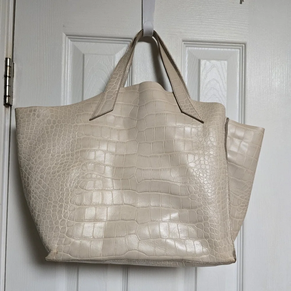Furla Croc Embossed Leather Tote Bag Large Ivory Cream Italy Shoulder Shopper...